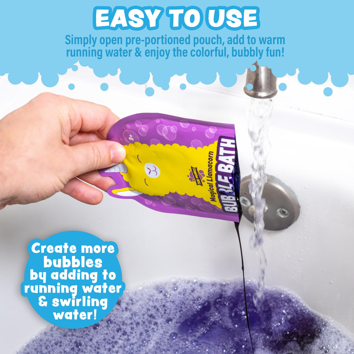 Tub Works vibrant pink purple and teal bath water demonstrating colorful, playful bathing fun