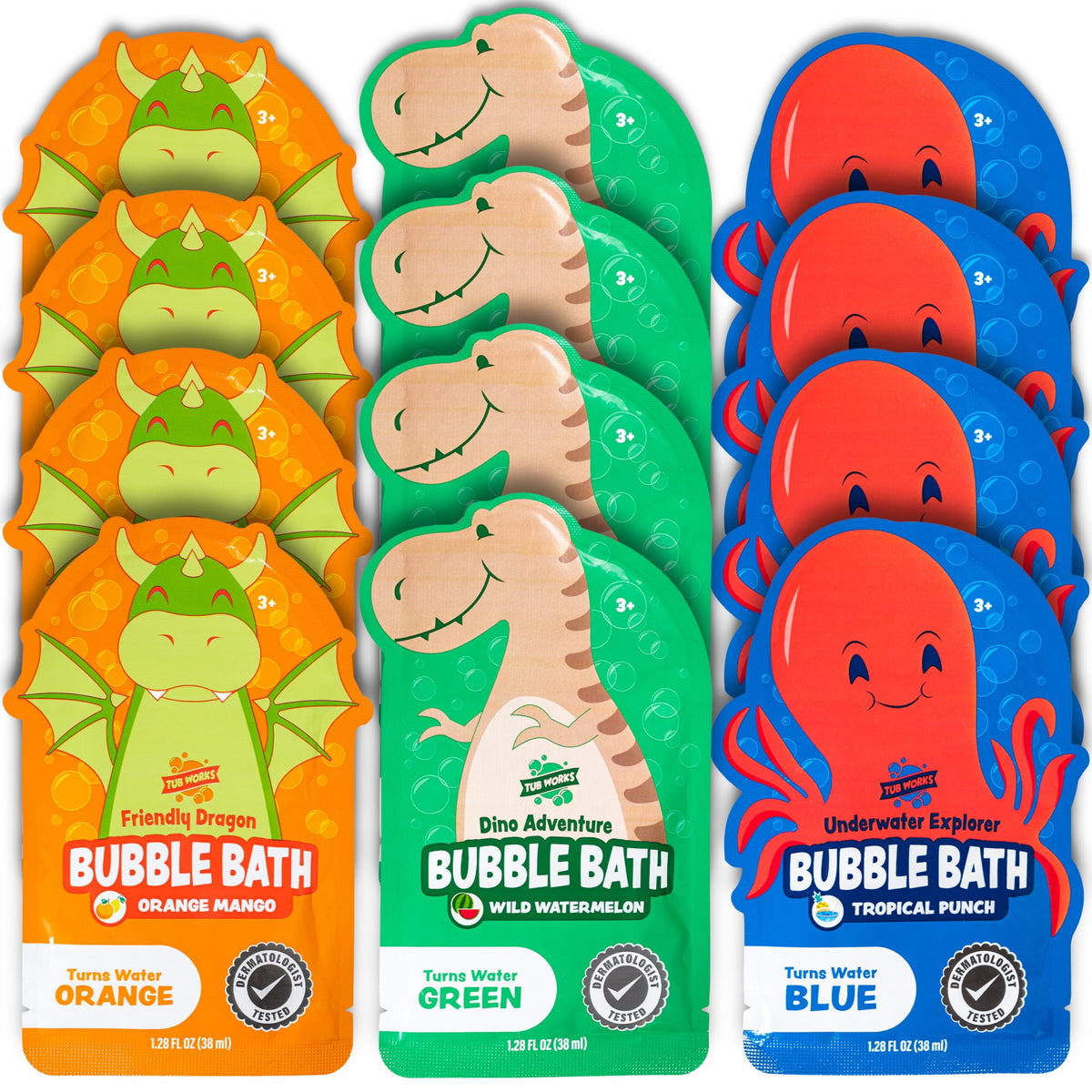 Tub Works family enjoying bath time with colorful water and character‑themed pouches