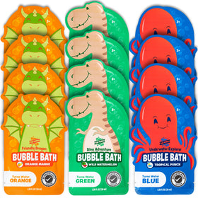 Tub Works family enjoying bath time with colorful water and character‑themed pouches
