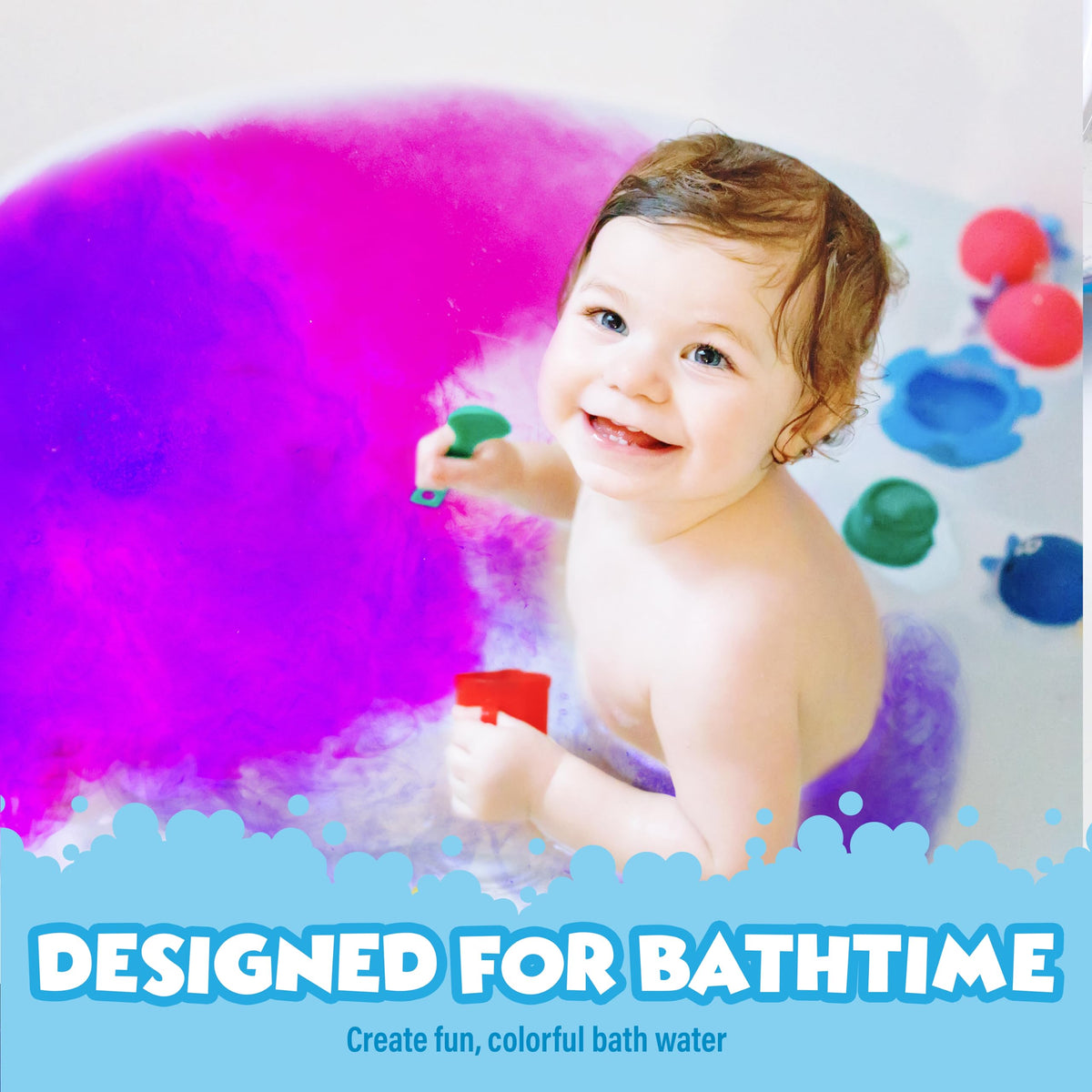 Tub Works tablet fizzing in water demonstrating quick color release and fun
