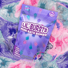Tub Works front packaging showing cosmic mini bath bombs and bright colors
