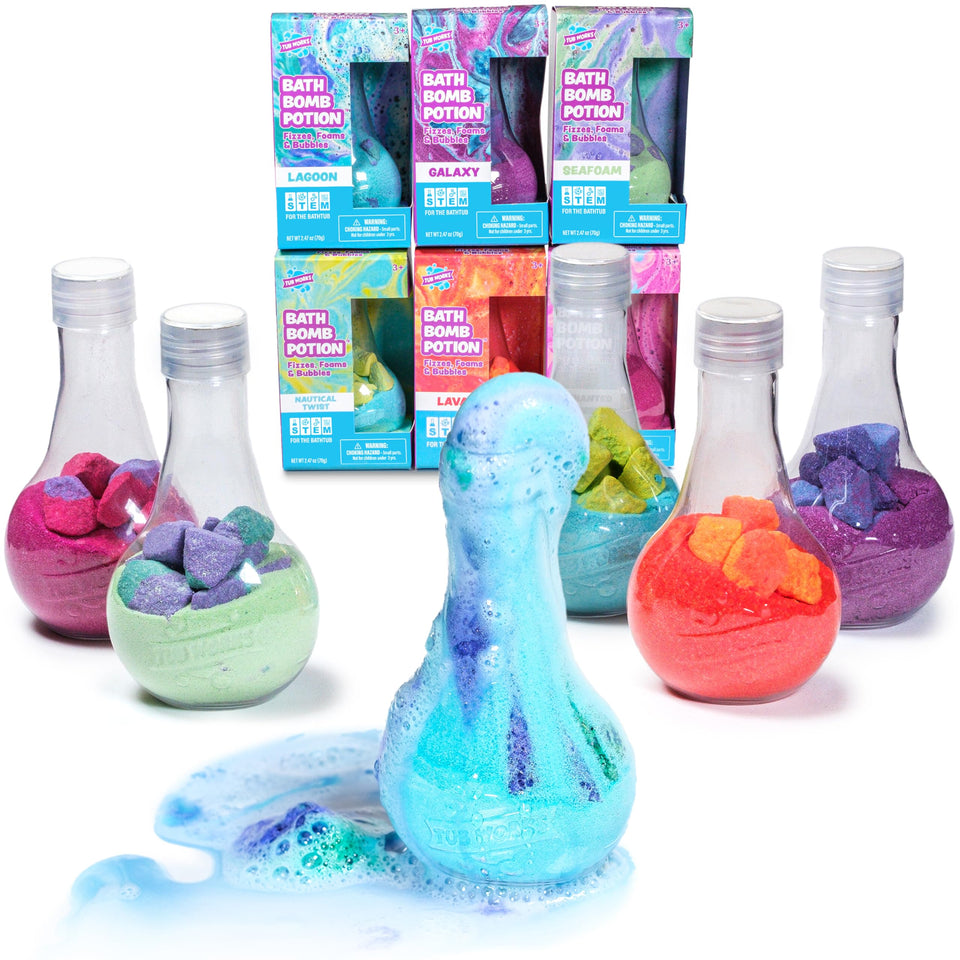 Tub Works front packaging showing six colorful potion flasks and playful branding benefit: clear product view