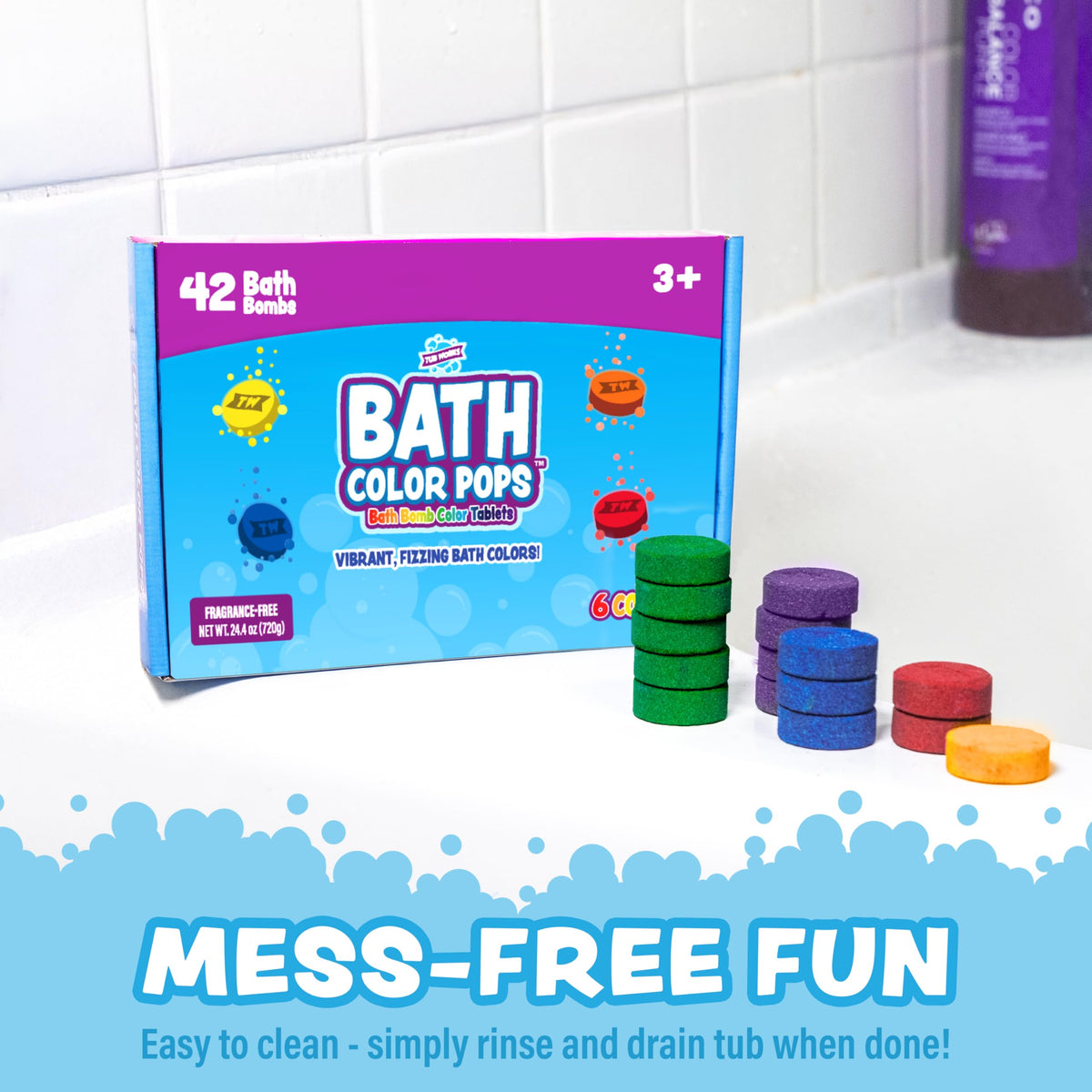 Child enjoying colorful Tub Works bath demonstrating playful, safe fun