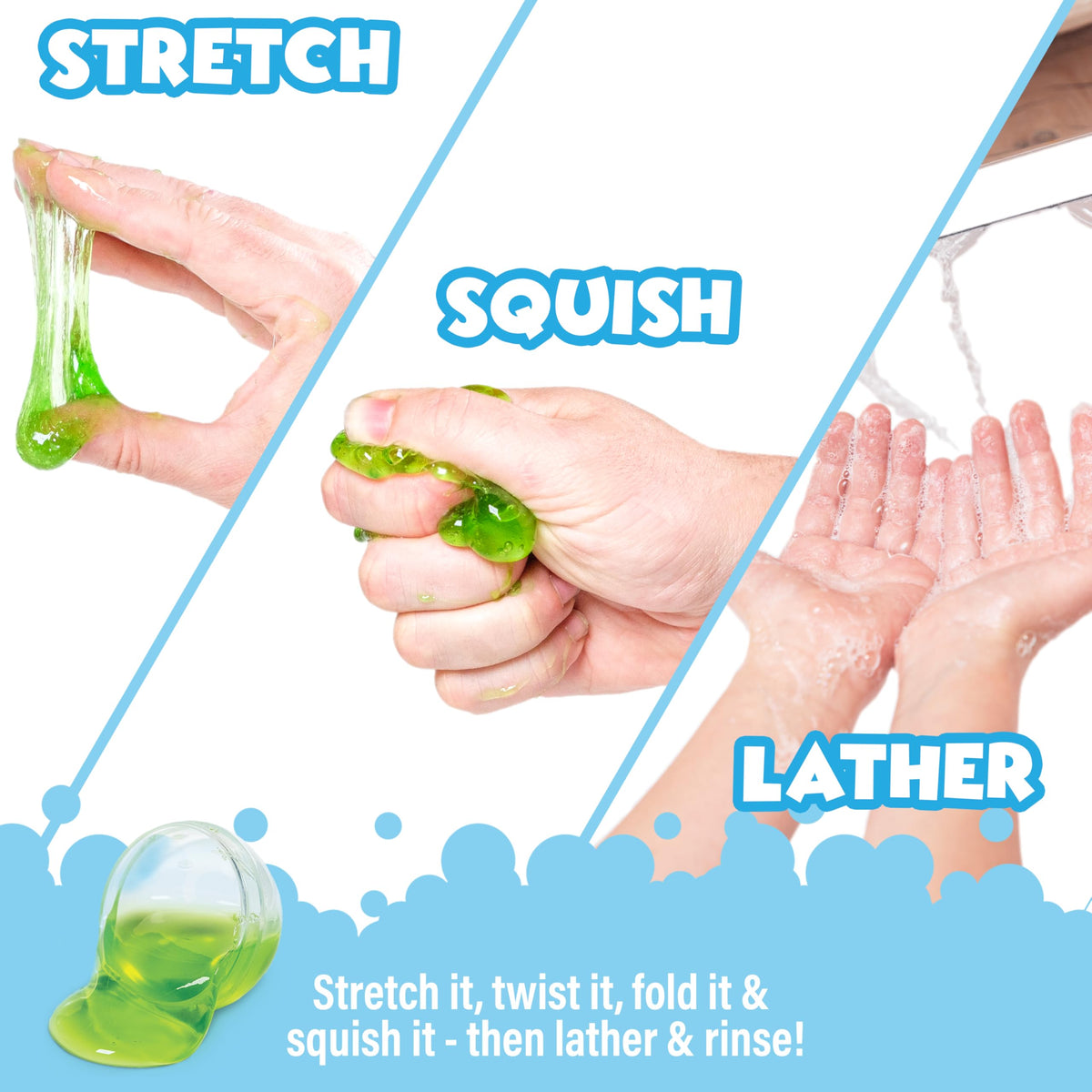 Tub Works slime worked into lather on a hand demonstrating rinsable soap benefit