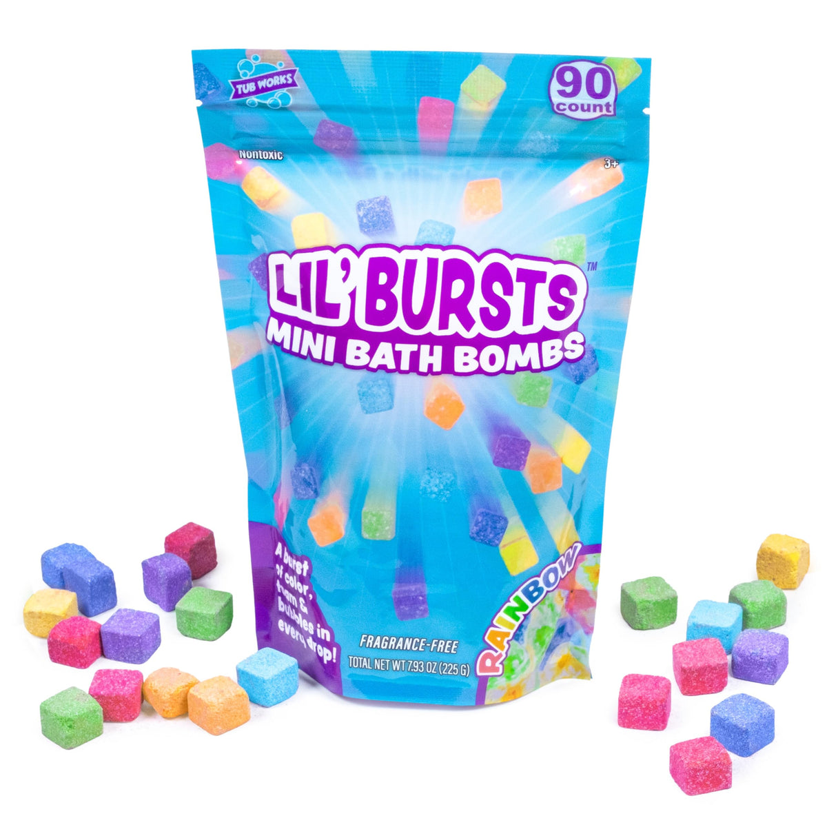 Bathroom lifestyle scene with Tub Works Lil' Bursts, joyful supervised bathtime