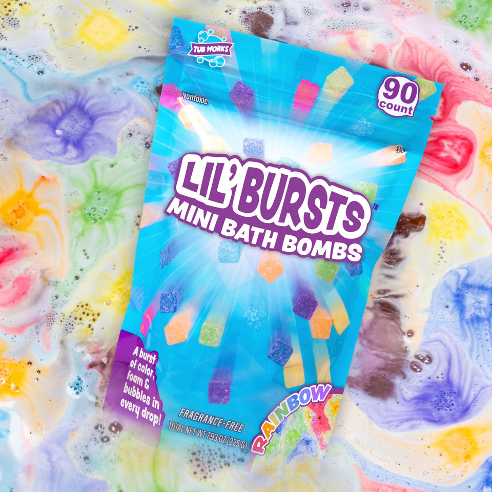 Tub Works front packaging showing 90-count Lil' Bursts, vibrant rainbow display
