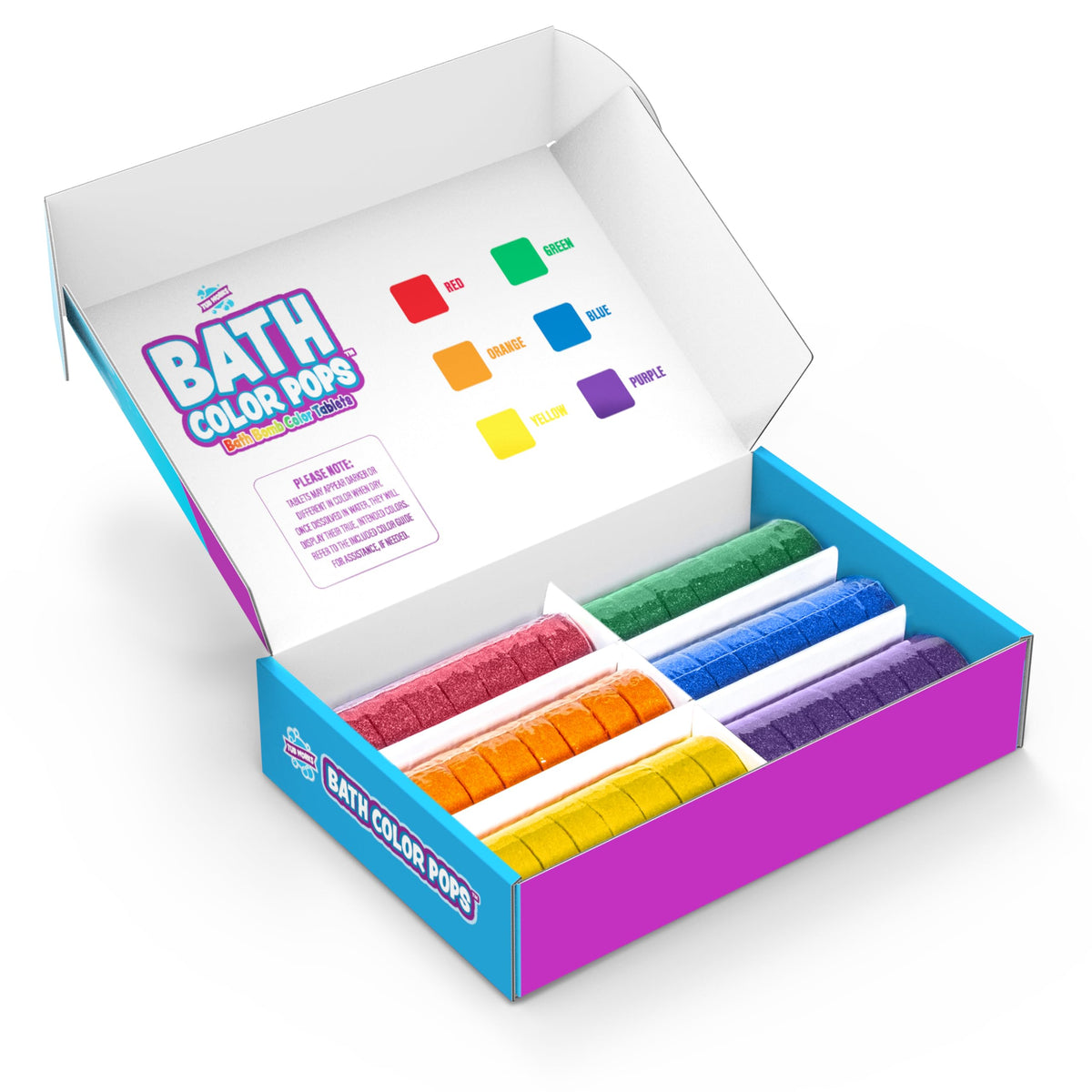 Open box of Tub Works showing all 42 tablets and color variety
