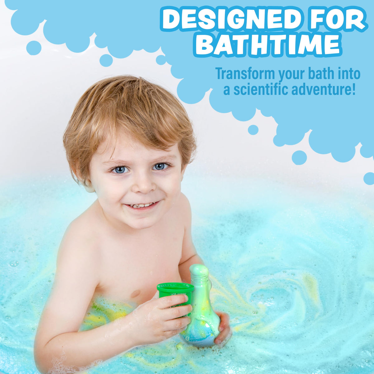 Tub Works potion creating a bubbly foam eruption in water demonstrating exciting sensory play