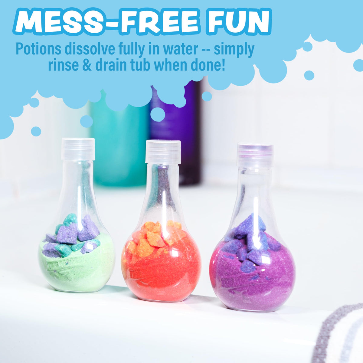 Tub Works six potions lined up to show variety and themed color choices for repeated play