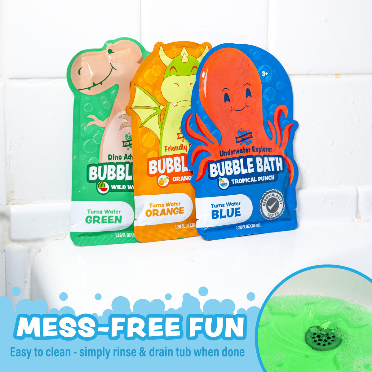 Tub Works pouch label detail highlighting character themes, scent, and single‑use portioning