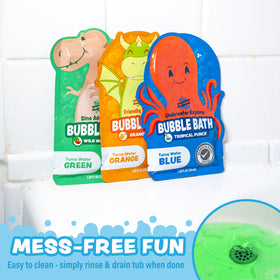 Tub Works pouch label detail highlighting character themes, scent, and single‑use portioning