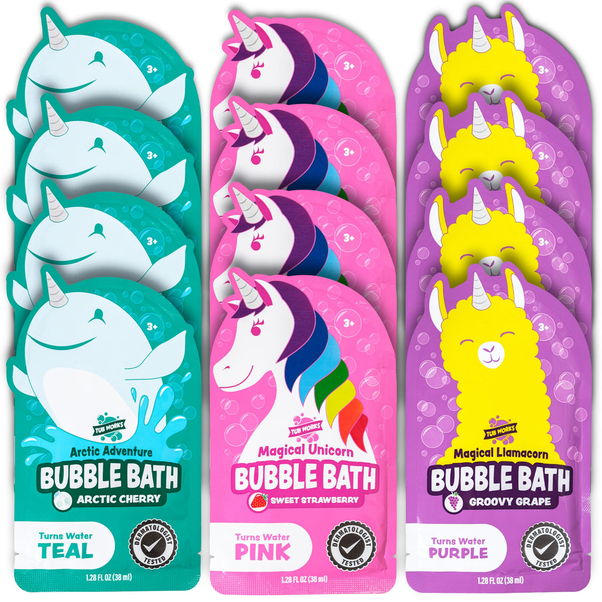 Tub Works pouch next to rubber duck for scale demonstrating single‑use, travel‑friendly size