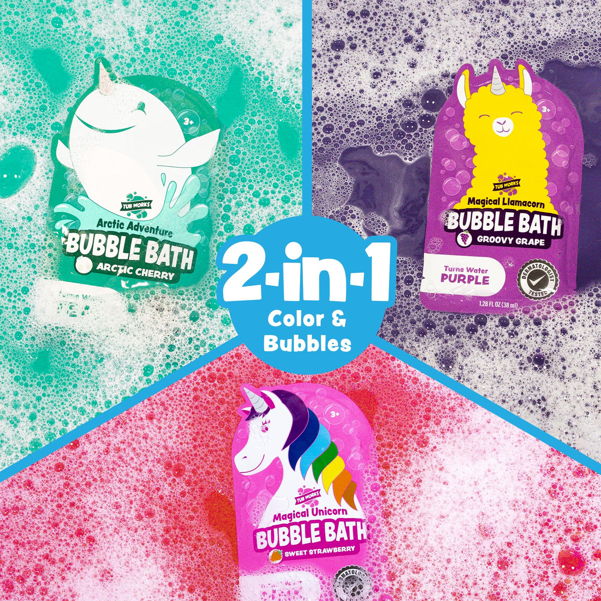 Tub Works purple Llamacorn pouch detail highlighting grape scent and colorful kid‑friendly design