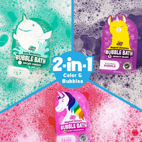 Tub Works purple Llamacorn pouch detail highlighting grape scent and colorful kid‑friendly design