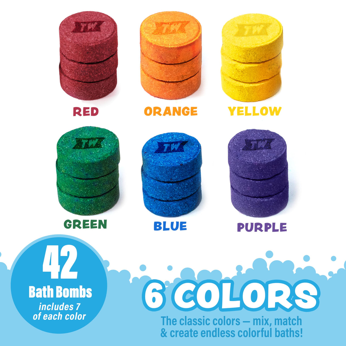 Assortment of Tub Works tablets spread by color for creative mixing