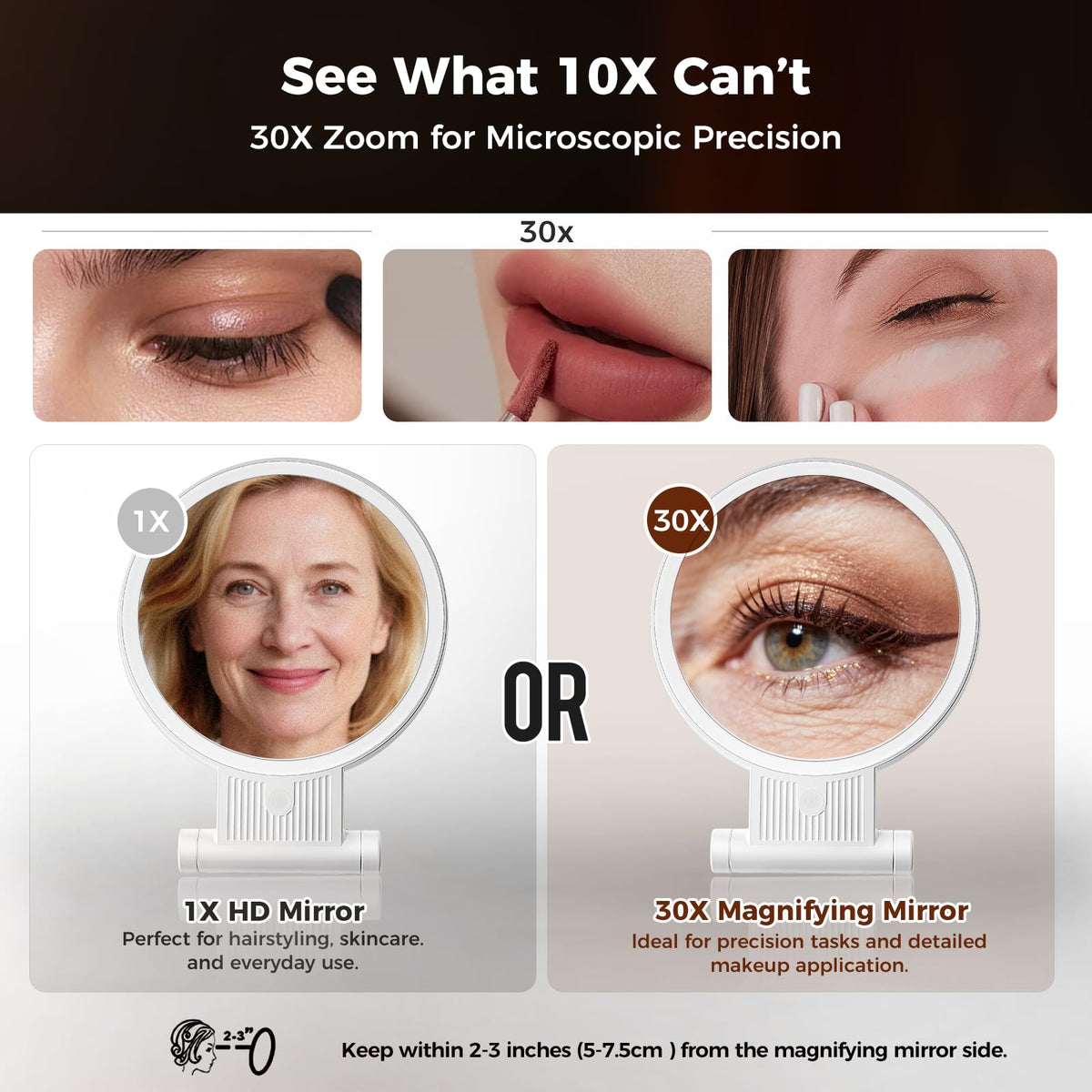 tubbede 1x side full-face view demonstrating balanced reflection for makeup application benefit