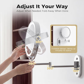 tubbede mirror next to a hand for scale, showing compact 8-inch size advantage