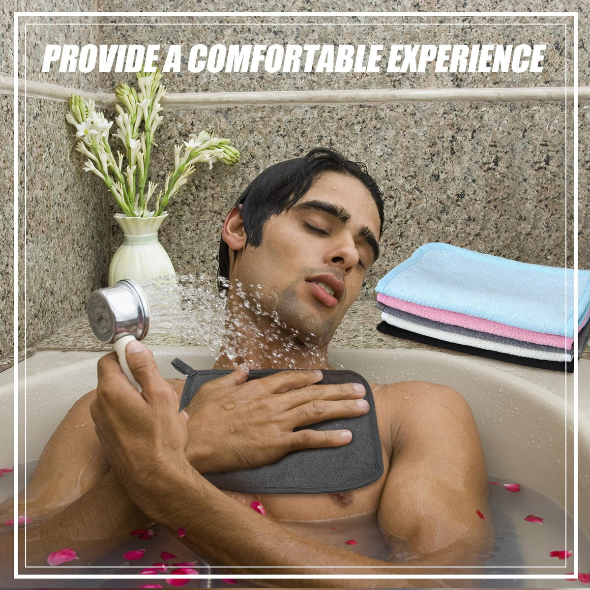 Tudomro washcloth in shower use illustrating easy lather and quick cleaning