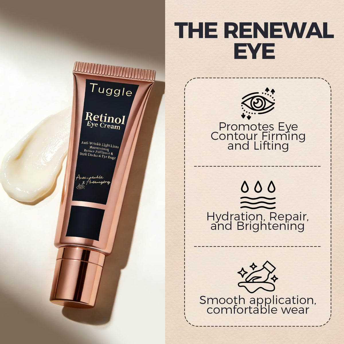 Tuggle retinol under eye cream with Centella Asiatica and Vitamin E visuals emphasizing antioxidant benefits