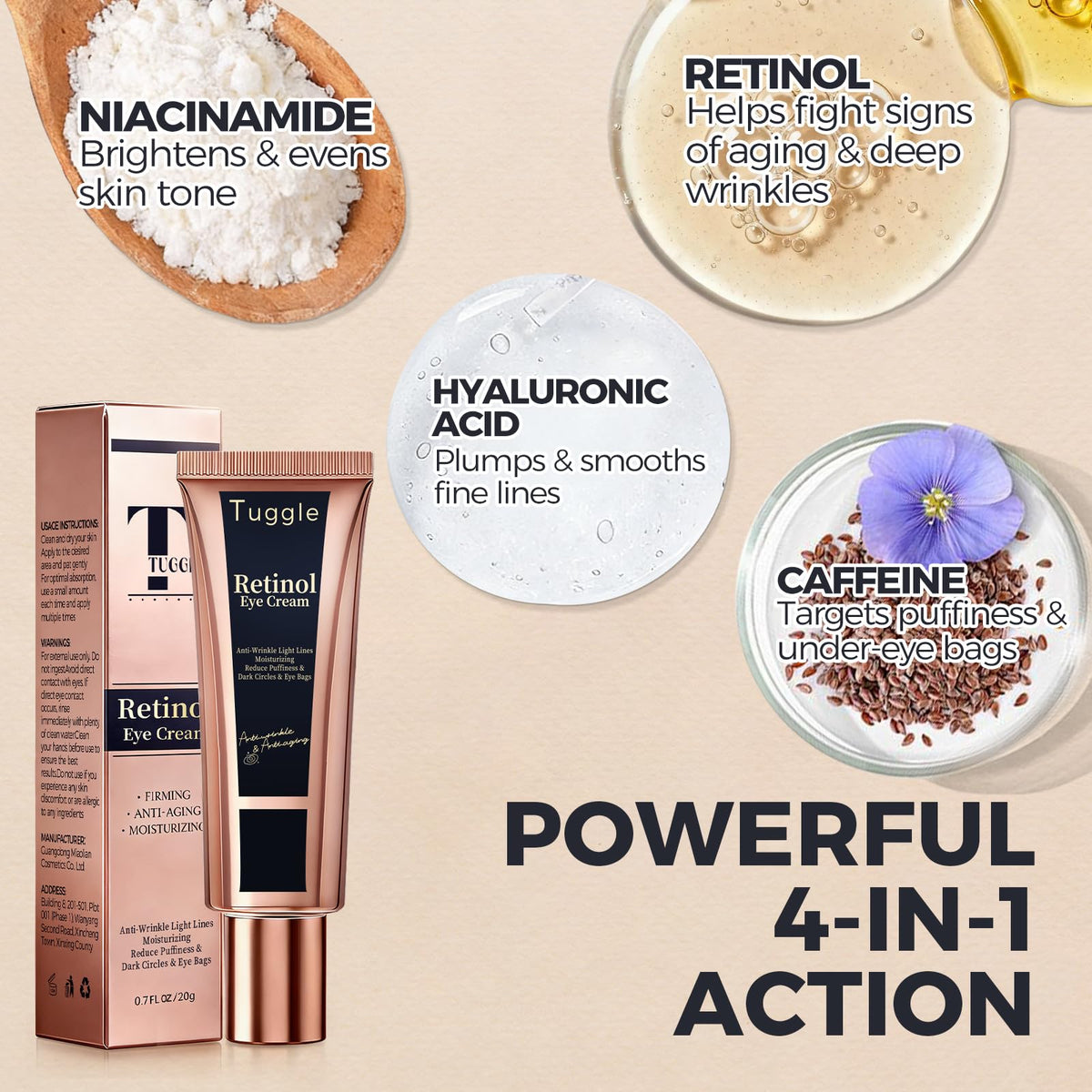 Tuggle retinol under eye cream packaging label close-up showing ingredient list and dermatologist-tested note