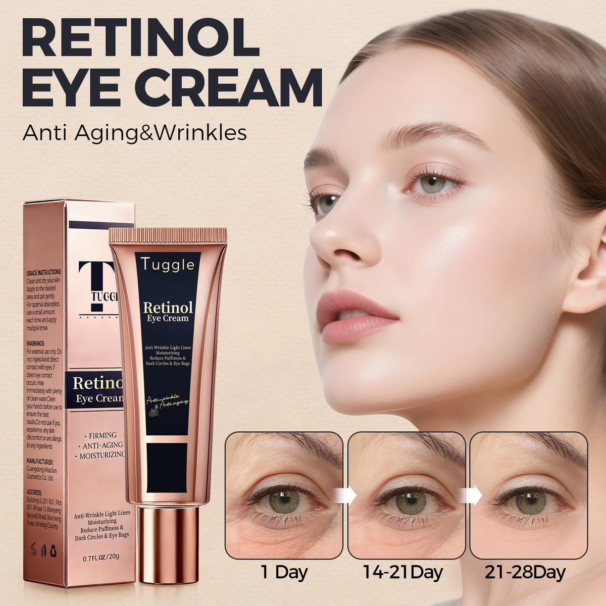 Tuggle retinol under eye cream next to a coin to show 0.7 fl oz size and travel-friendly convenience