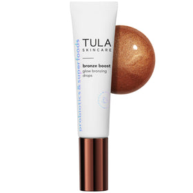TULA front bottle shot showing bronzing drops and elegant packaging benefit: easy identification