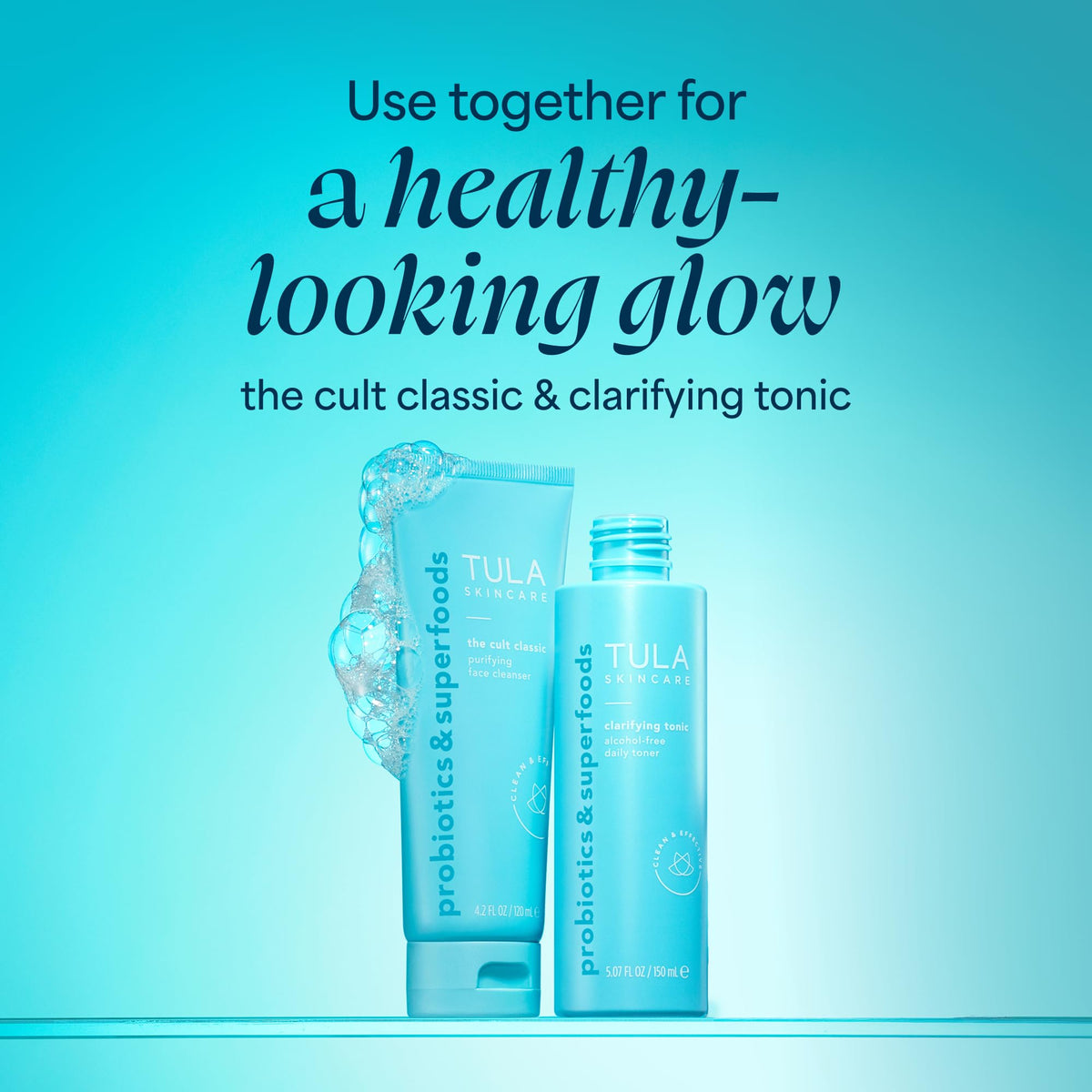TULA clarifying tonic in a bathroom setting showing routine-ready convenience benefit