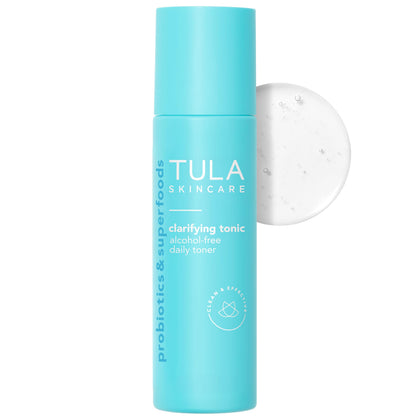 TULA clarifying tonic front bottle shot showing clean packaging and size benefit