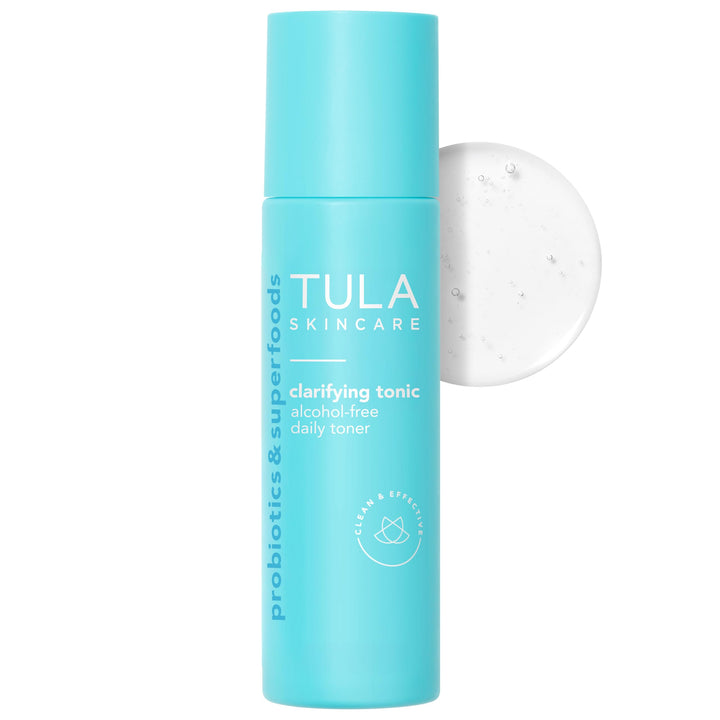 TULA clarifying tonic front bottle shot showing clean packaging and size benefit