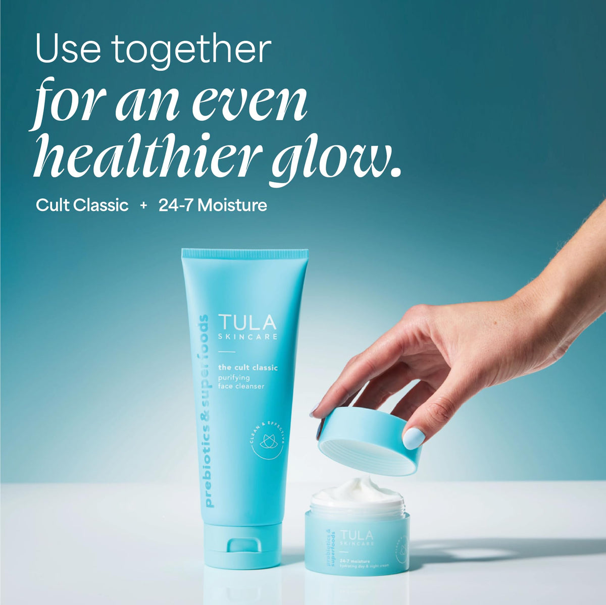 TULA cleanser staged on bathroom counter showing routine-friendly placement