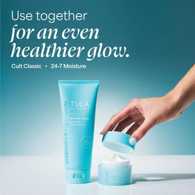 TULA cleanser staged on bathroom counter showing routine-friendly placement
