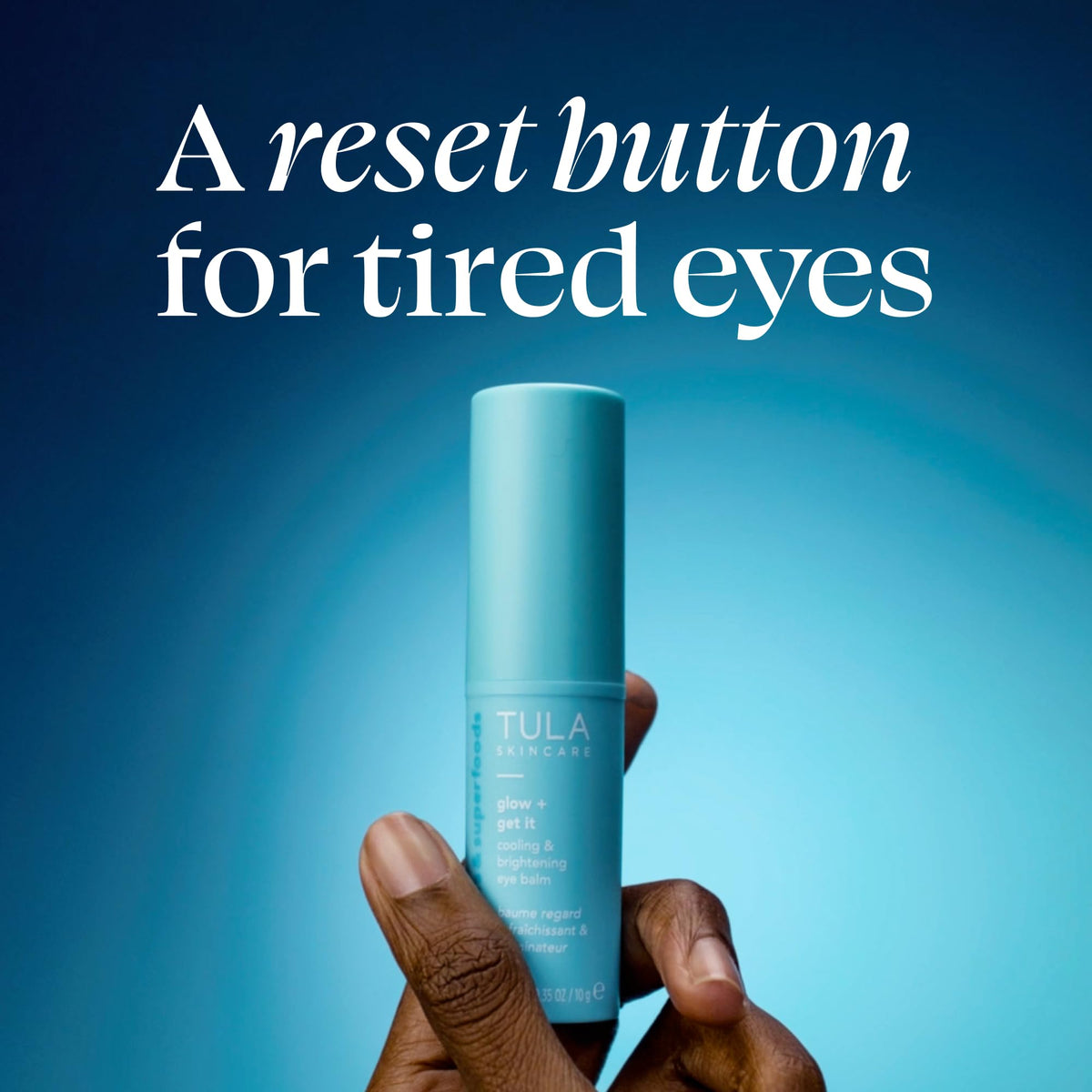 TULA eye balm in hand size comparison showing pocket-friendly portability