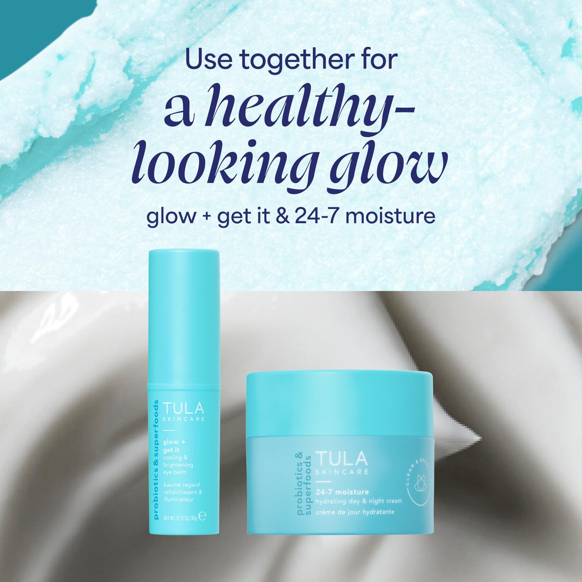 TULA eye balm lifestyle morning routine staged near mirror for quick refresh