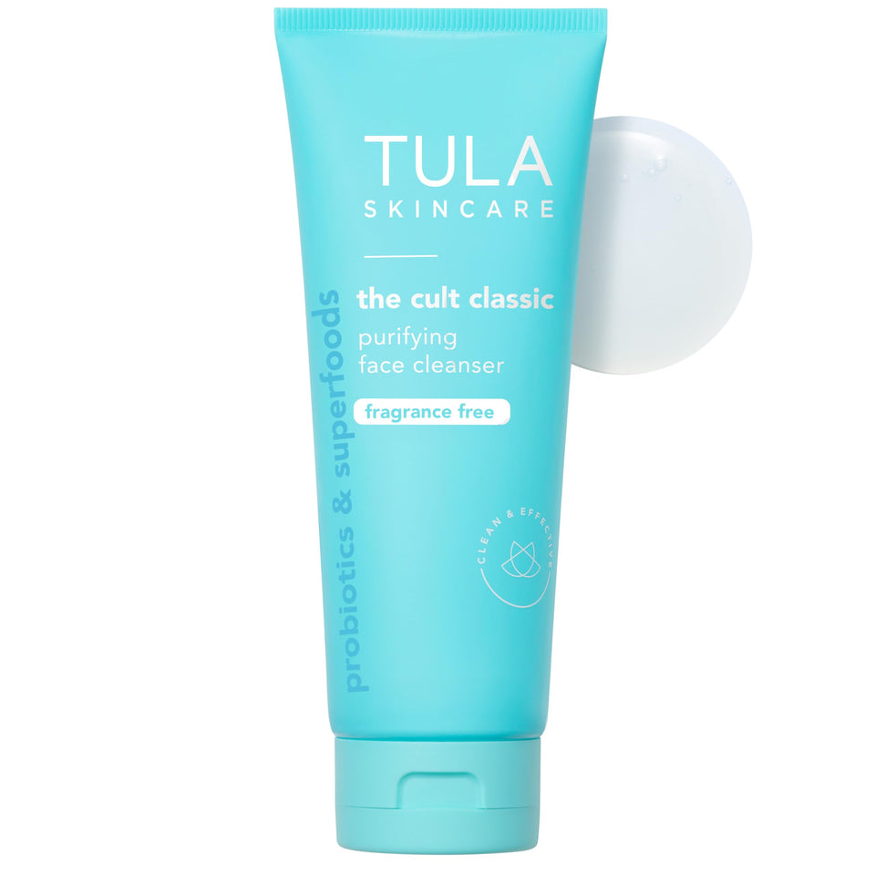 TULA front label of purifying face cleanser showing clear branding and size benefit