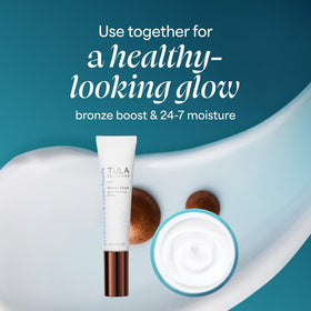 TULA bottle on bathroom vanity with makeup items benefit: travel‑friendly ritual