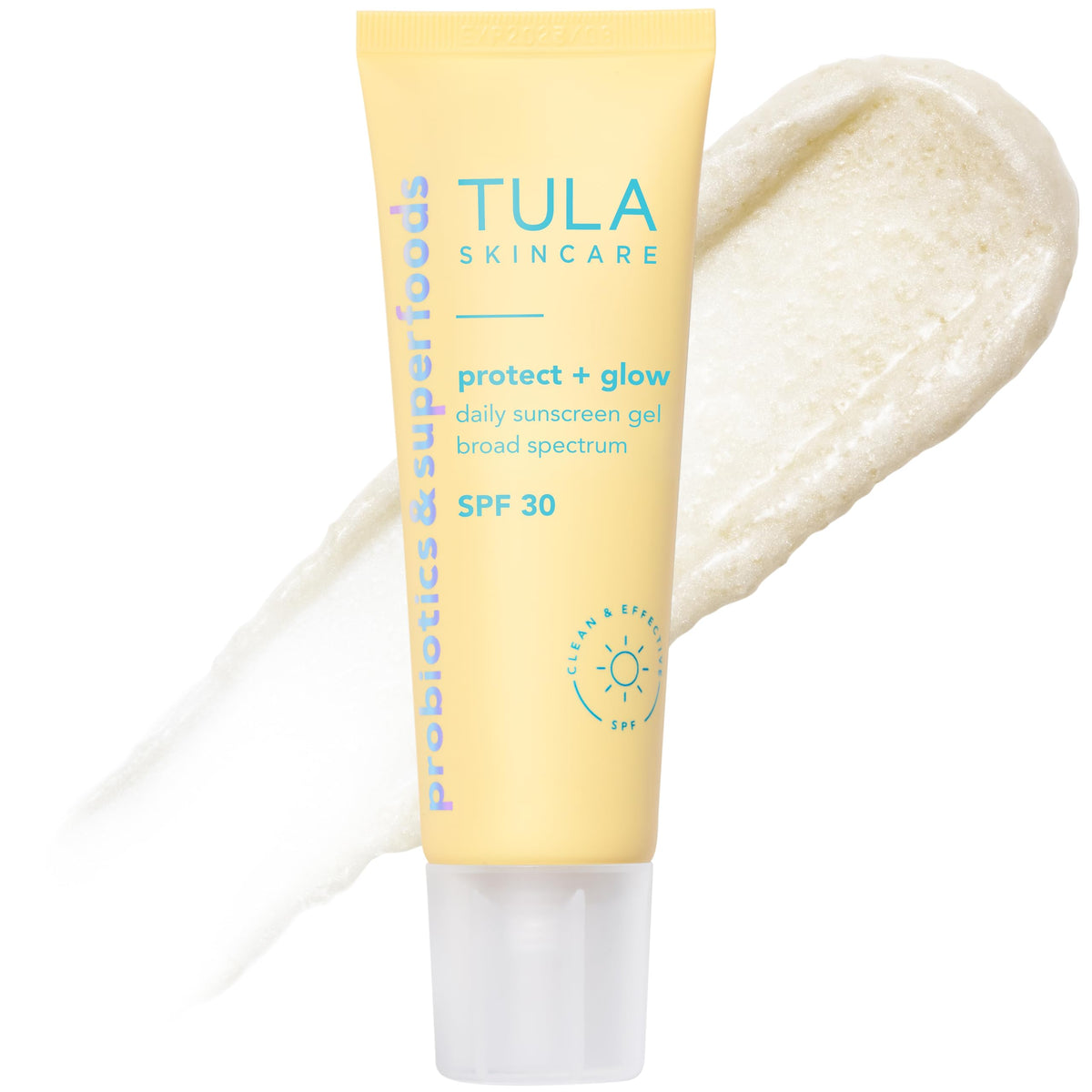 TULA Protect + Glow front tube showing brand and SPF benefit
