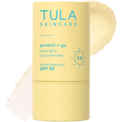 TULA Protect + Glow stick front view showing branding and compact design benefit portability