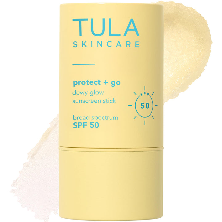 TULA Protect + Glow stick front view showing branding and compact design benefit portability
