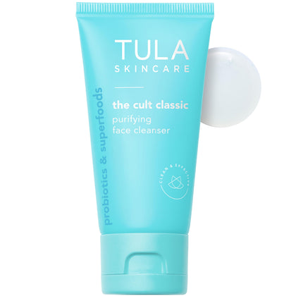 TULA travel-size front packaging showing compact cleanser for easy travel