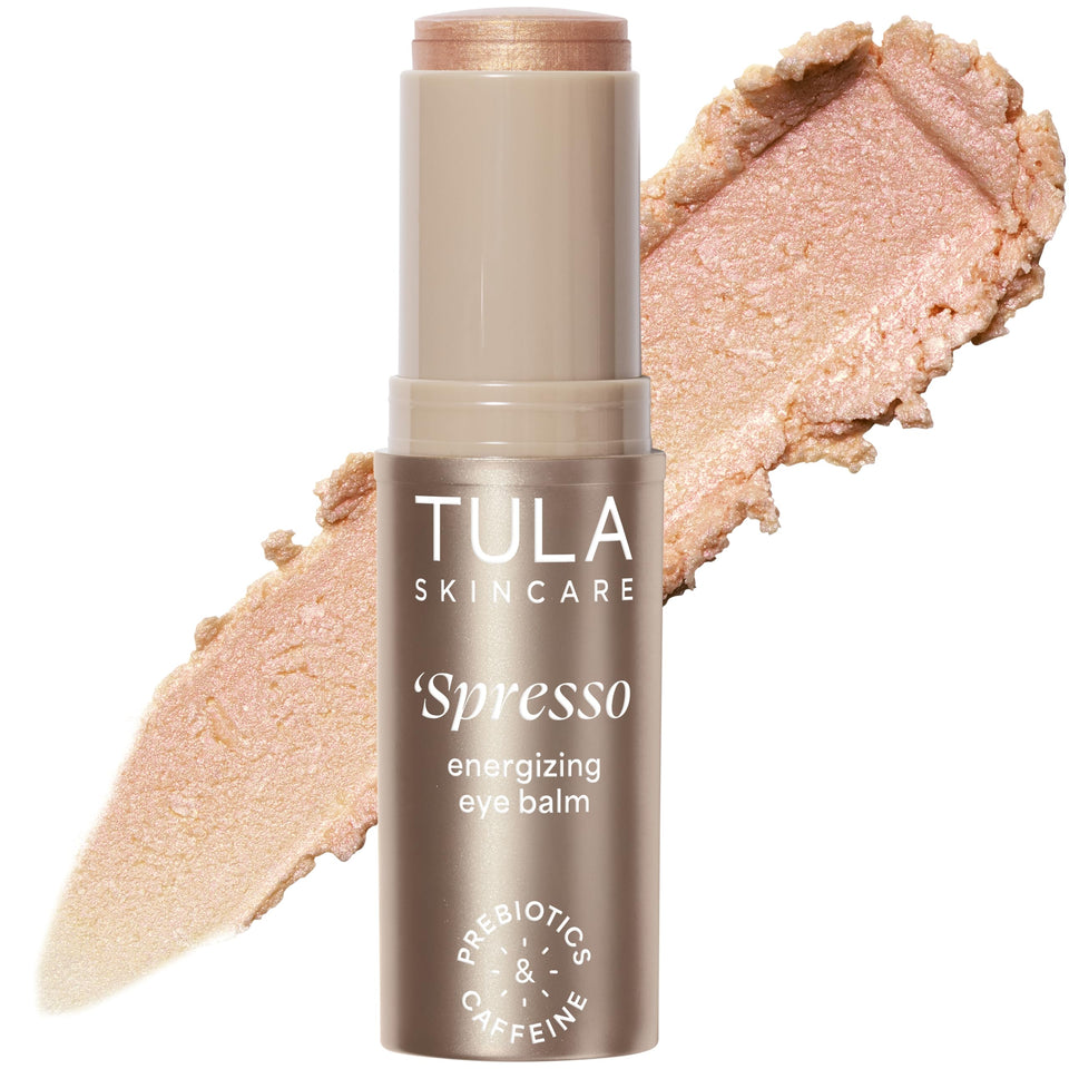 TULA Spresso eye balm front packaging showing compact travel-ready stick and shade Americano
