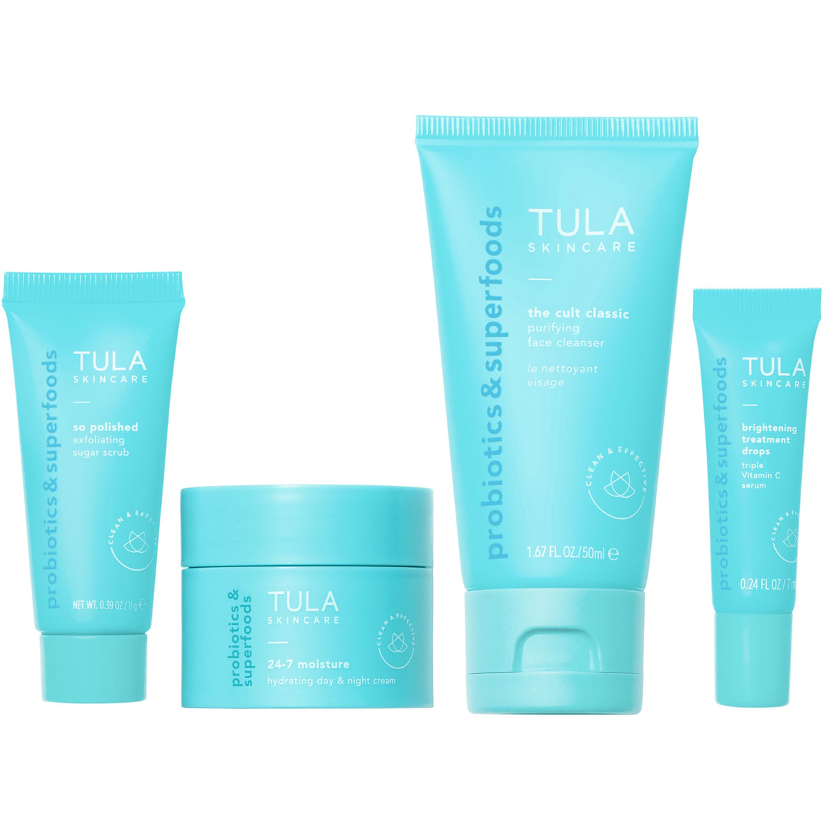 TULA travel kit front packaging showing four travel-size products for convenience