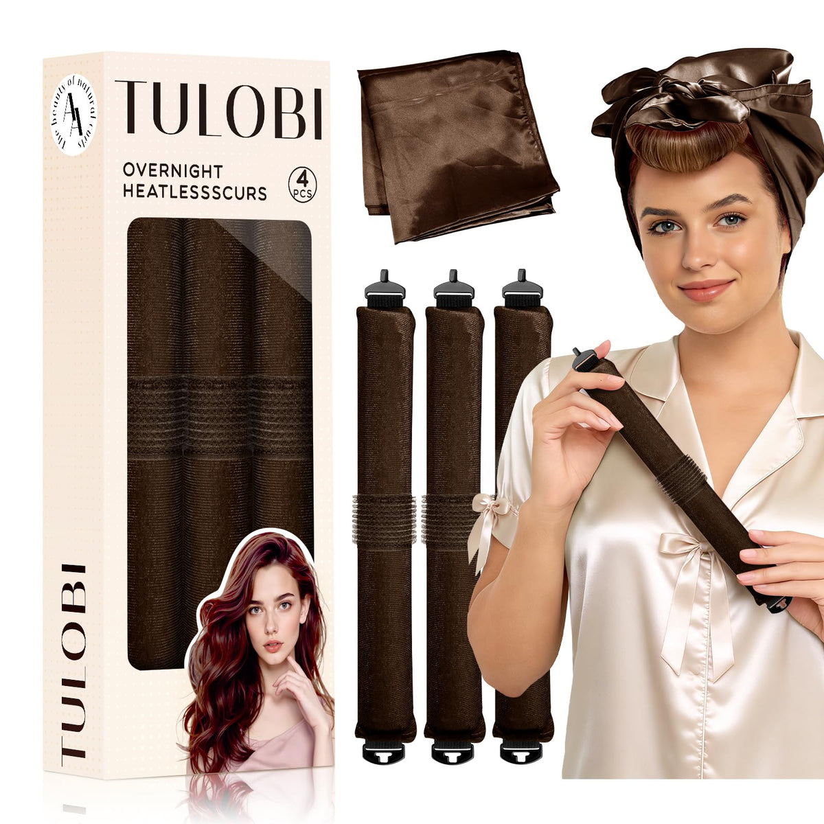 TULOBI front packaging showing brown velvet rods and satin scarf for easy styling