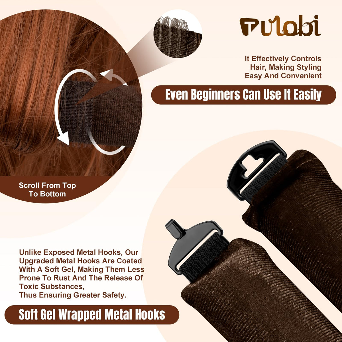 TULOBI rod wrapped in long hair demonstrating heatless curling in use