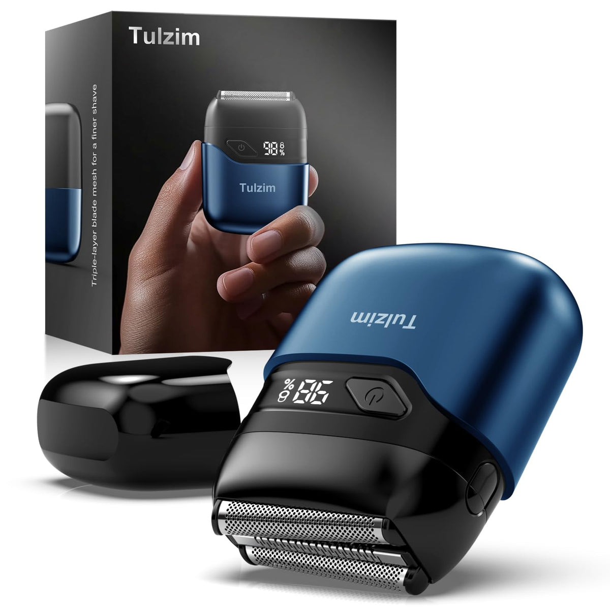 Tulzim front view matte blue shaver showing compact design and portability