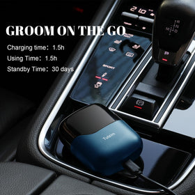 Tulzim shaver held in hand to show compact scale and travel convenience