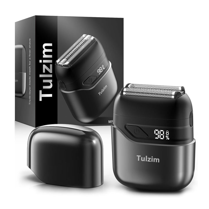 Tulzim front view of carbon black shaver showing ergonomic body and controls