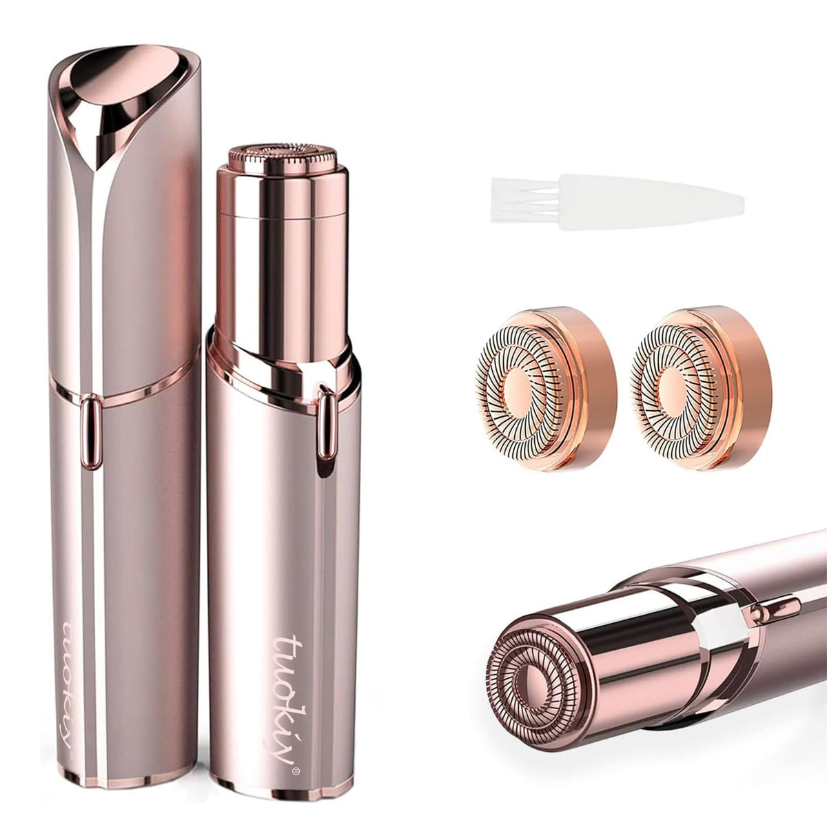 tuokiy front packaging showing rose gold shaver and compact kit for travel