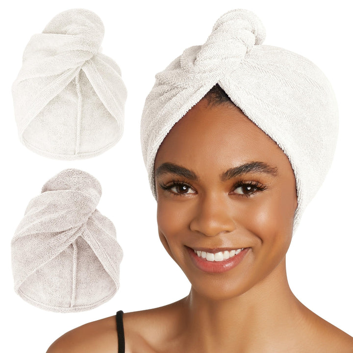 Turbie Twist two-towel set front view shows colors and compact packaging benefit