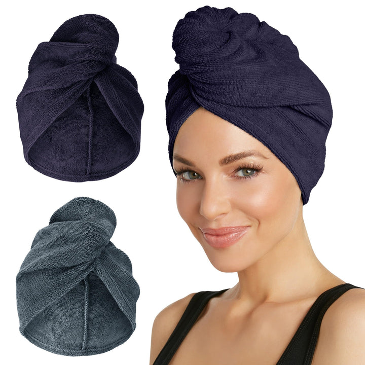 Turbie Twist front view of two-pack towels showing colors and compact packaging benefit
