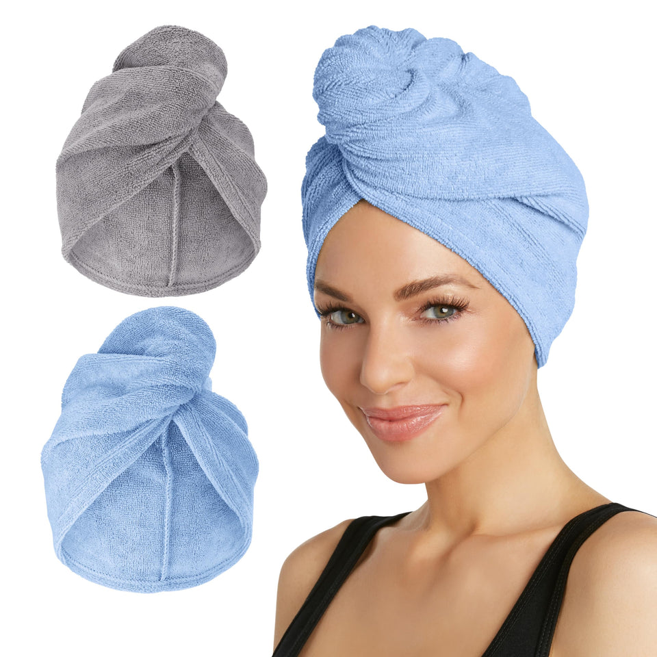 Turbie Twist front packaging showing grey and blue towels, convenient gift set
